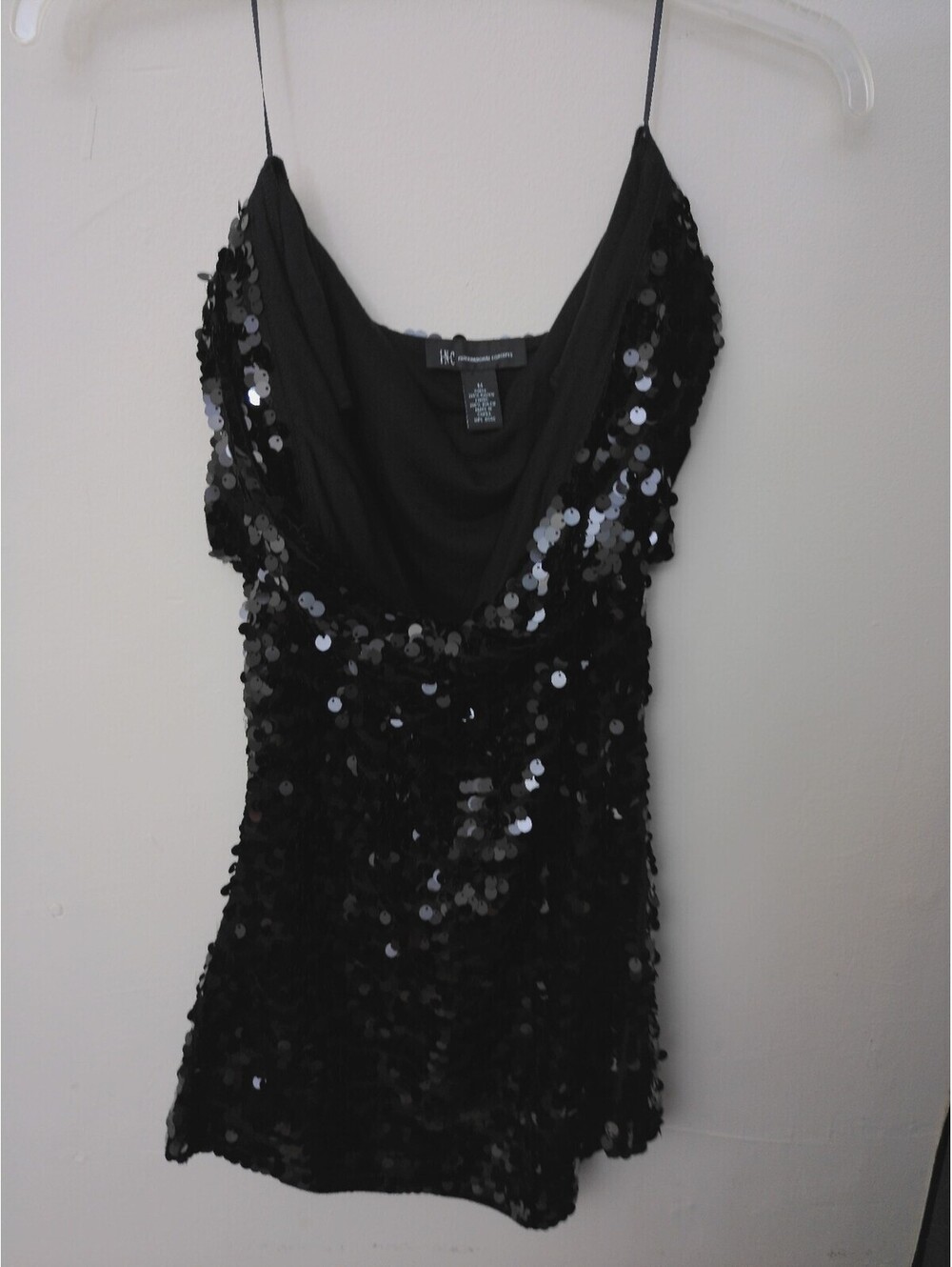 INC International Concepts Sequin Cami Tank Top Womens M Black‎ Y2K Cowl Neck